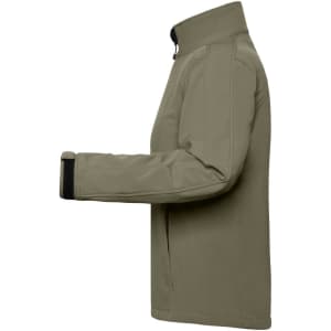 A softshell jacket in olive green with long sleeves and a zippered side pocket. It features a branding logo.