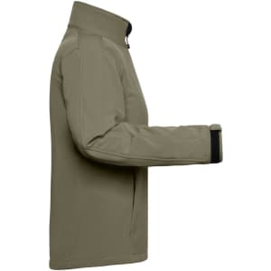 A softshell jacket in olive green, featuring a high collar and long sleeves, with a logo on the sleeve.