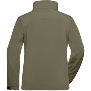 A softshell jacket in a muted olive green colour, featuring a high collar and long sleeves. It has a logo on the back.