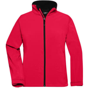 A red ladies softshell jacket featuring a full zip and a black inner lining. It has a logo on one side.