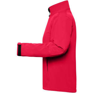 A red ladies softshell jacket featuring a zippered pocket and a high collar, with a black cuff detail.