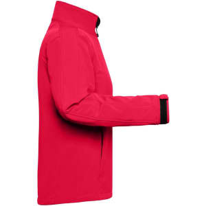 A red softshell jacket with a high collar and zippered pockets, featuring a black cuff trim and a logo.