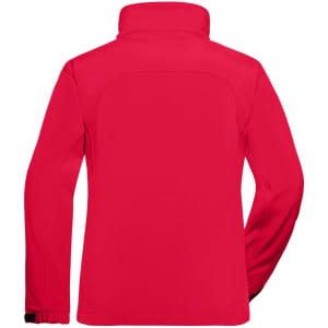 A red ladies softshell jacket with a high collar and long sleeves, featuring a logo on the back.