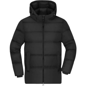 A black puffer jacket for men, featuring a hood, zip closure, and front pockets. It has a branding logo on it.