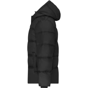 A men's winter jacket in black, featuring a puffer design and a hood, with a side view showing its quilted texture.
