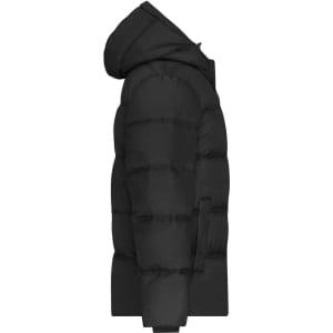 A black puffer jacket with a hood, featuring a side view showing its quilted design and zipper.
