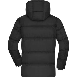 A black puffer jacket featuring a hood, showing the back view with a quilted design. Includes branding.
