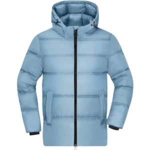 A puffer jacket in light blue with a hood and zip closure, featuring a logo on the chest.
