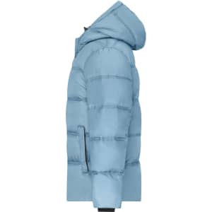 A puffer jacket in light blue, featuring a hood and side pockets, with a logo on the sleeve.