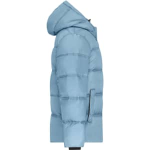A light blue puffer jacket with a hood, featuring a side zipper pocket and a quilted design.