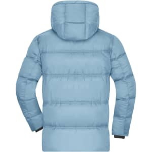 A light blue puffer jacket with a hood, featuring a quilted design and a logo on the back.