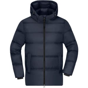 A men's puffer jacket in navy blue with a hood and zip front, featuring two side pockets and elastic cuffs.