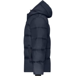 A navy puffer jacket featuring a hood, with a quilted design and a side zipper. It has a logo on the arm.