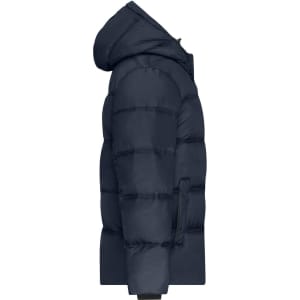 A puffer jacket in navy blue with a hood, featuring a side view and a zipped pocket. It has a logo on the front.