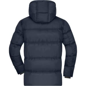 A men's winter puffer jacket in navy blue, featuring a hood and quilted design on the back.