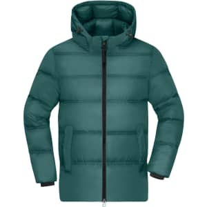 A puffer jacket in a deep teal colour with a hood, featuring a front zipper and elastic cuffs. It has branding on the sleeve.