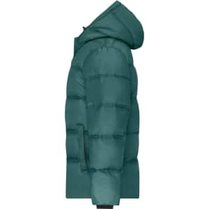 A puffer jacket in dark teal with a hood, featuring a side view and a smooth texture.