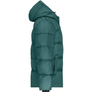 A puffer jacket in a deep teal colour with a hood and side zipper pockets, featuring a logo.
