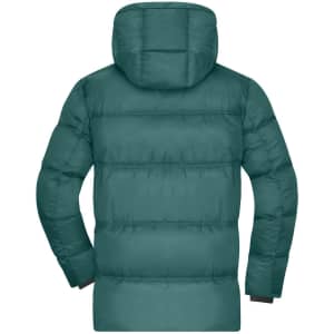 A green puffer jacket featuring a hood, with a quilted design and long sleeves. The back view is visible.
