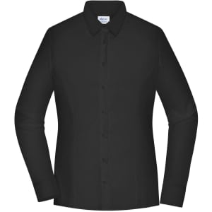 A black ladies shirt with long sleeves and a button-up front. Features a collar and has a logo.