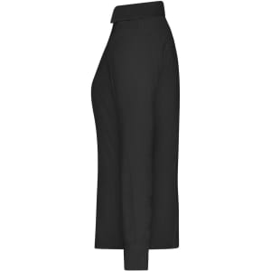 A black ladies shirt with a collar, featuring a side view of its fitted design. The shirt has long sleeves and a logo.