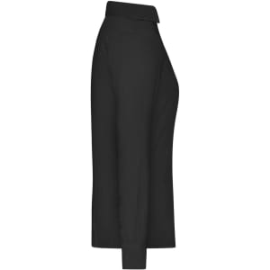 A black ladies shirt featuring a collar and long sleeves, with a logo on the side.