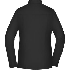 A black ladies' shirt featuring long sleeves and a collared design. The back view shows a smooth, simple style.