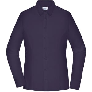 A long-sleeved ladies shirt in dark purple with a button-up front and collar. Features branding.