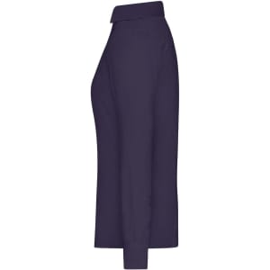 A ladies shirt in navy blue, featuring a collar and long sleeves, displayed from a side view.