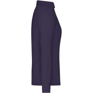 A ladies shirt in deep purple, featuring a collar and long sleeves, shown from the side. Includes a logo.
