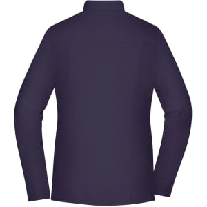 A navy ladies shirt with long sleeves and a collar, featuring a plain back design.