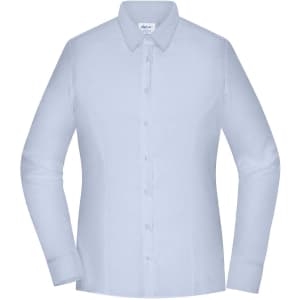 A light blue ladies' shirt with long sleeves and a button-up front. It features a collar and has a logo.