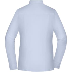 A light blue ladies shirt with long sleeves and a collar, featuring a logo on the back.