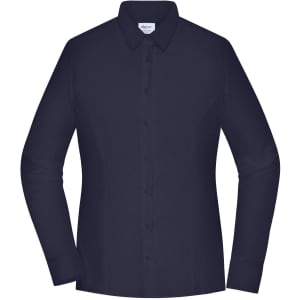 A navy blue ladies' shirt with long sleeves and a button-up front, featuring a logo on the label.