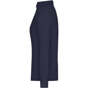 A navy ladies shirt with a collar and long sleeves, featuring a logo on the side.