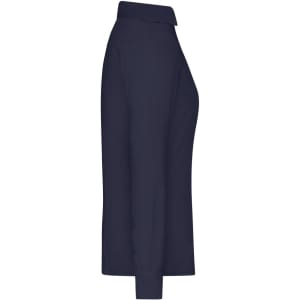 A navy ladies shirt with a collar, showcasing a side view of the garment. It features long sleeves and a fitted silhouette.