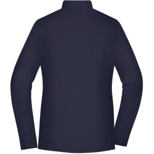 A women's long-sleeved shirt in navy blue with a collared design and a back view. It features a logo on the neckline.