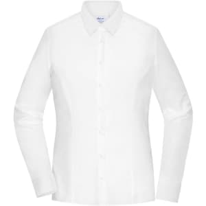 A white ladies' shirt with a button-up front and long sleeves, featuring a collar and a logo.