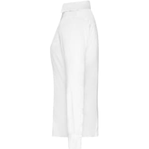 A white ladies' shirt with a collar and side slits, featuring a logo on the fabric.