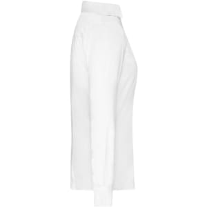 A white ladies shirt featuring a collar and long sleeves, with a side view showcasing its design and fit.