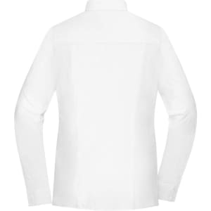 A white ladies shirt with long sleeves and a collar, featuring a plain back design and a subtle logo.