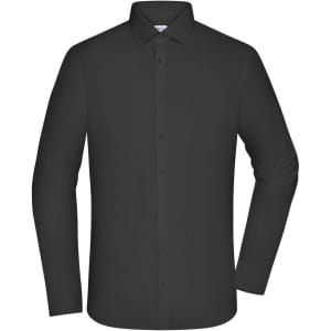 A long-sleeved black men's shirt with a button-up front and a collar. Features a logo on the label.