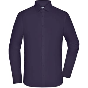 A long-sleeved men's shirt in deep purple with a standard collar and button-front design. It has a logo on it.