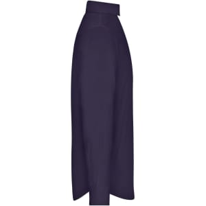 A navy blue men's shirt displayed from the side, featuring a collar and a smooth fabric texture.