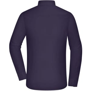 A men's shirt in a solid dark navy colour, featuring long sleeves and a collar, with a logo on the back.