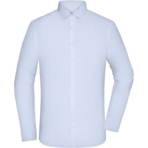 A light blue long-sleeved men's shirt featuring a button-up front and a collar, with a logo on the label.