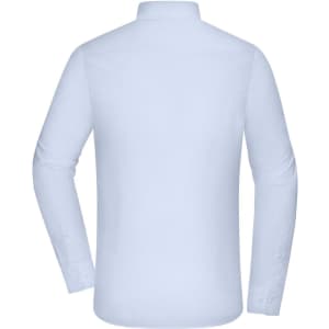 A men's shirt in a light blue colour, featuring long sleeves and a classic collar, with a logo on the back.