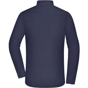 A navy blue men's shirt with long sleeves and a collar, featuring a logo on the back.