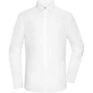 A white long-sleeved men's shirt with a button-up front and a collar, featuring a logo on the label.