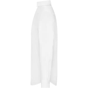 A white men's shirt with long sleeves and a collar, featuring a subtle logo on one side.